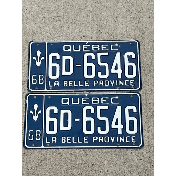 Pair of 1968 Quebec License Plates 6D-6546 LA BELLE PROVINCE White & Blue - Picture 1 of 8